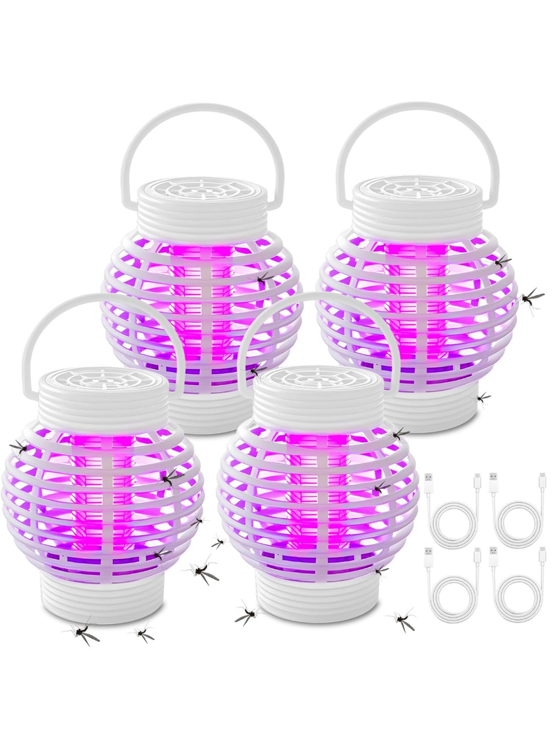 Qualirey 4 Pack 2 in 1 White Electric Bug Zapper Indoor USB Mosquito Zapper Outdoor Electronic Mosquito Killer Lamp Electric Shock Hanging Fly Trap Light for Home Patio Backyard(Lantern Style)