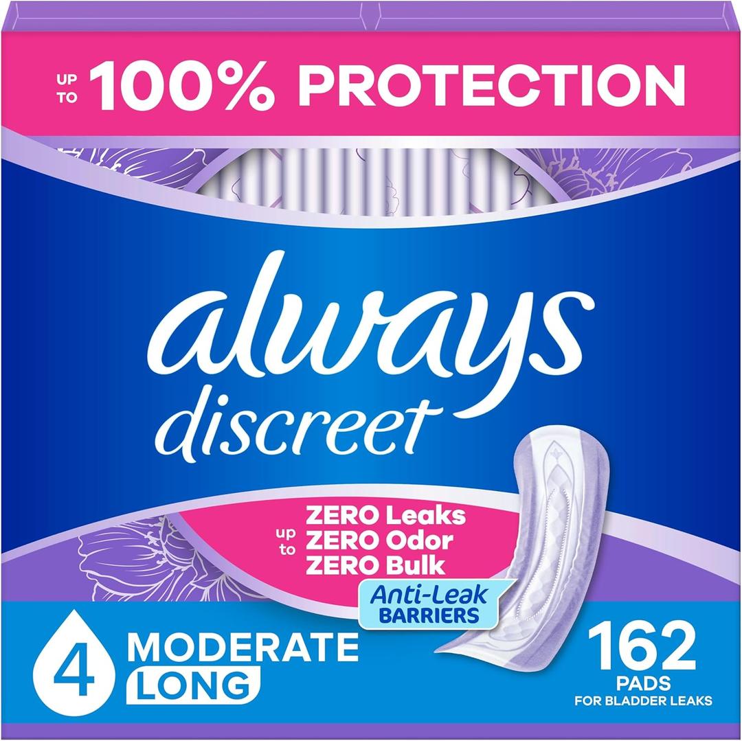 Always Discreet Adult Incontinence Pads for Women, Drier, 4 Drop Long Length, Moderate Absorbency, Pads for Bladder Control Management, Bladder Leaks, & Postpartum Pads, 162ct