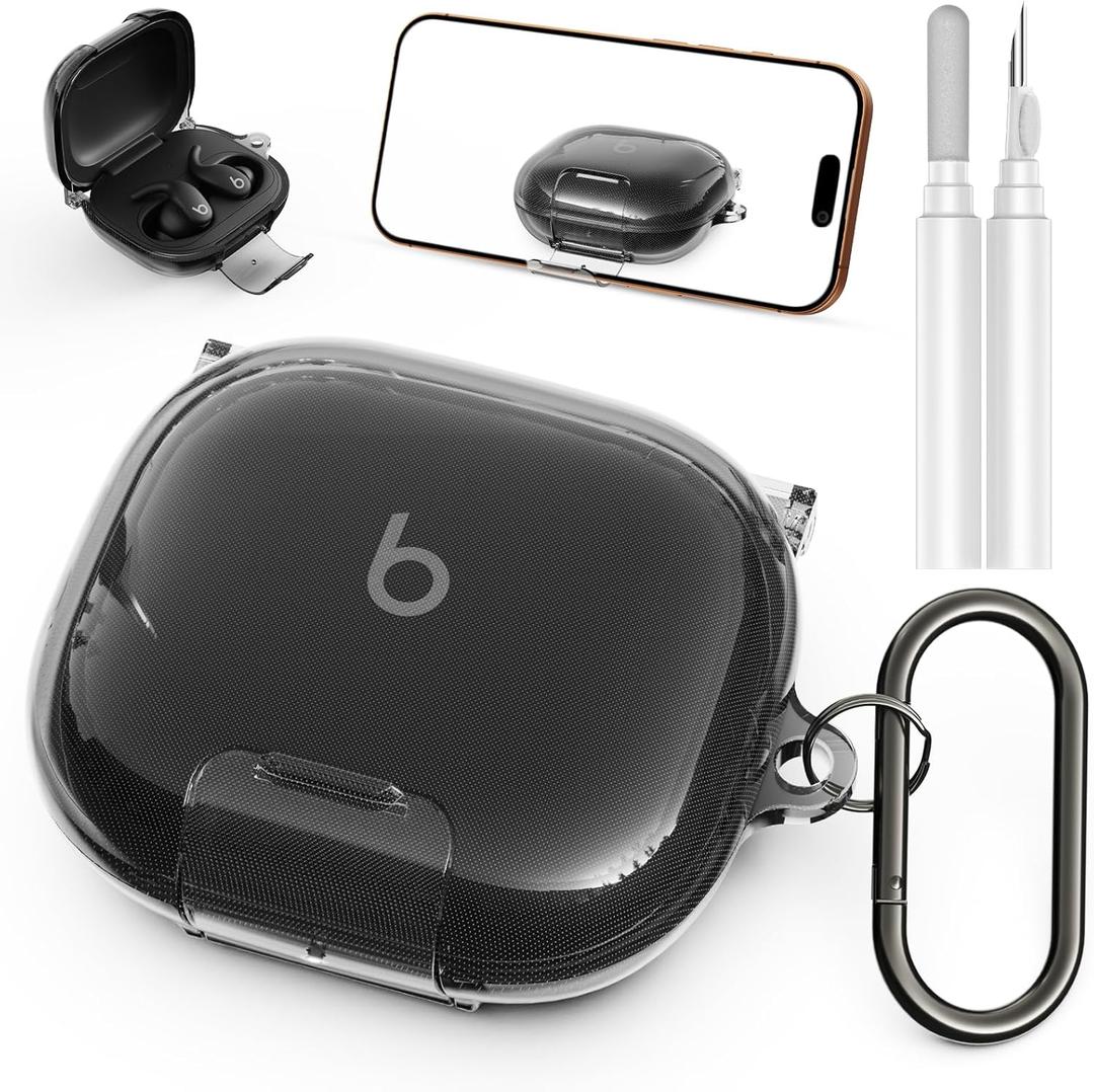 Geekboy Case for Beats Powerbeats Fit 2025, Clear TPU Protective Cover with Premium Metal Carabiner & Cleaning Kit, Shockproof Skin for Powerbeats Fit Case Cover (Clear Black)
