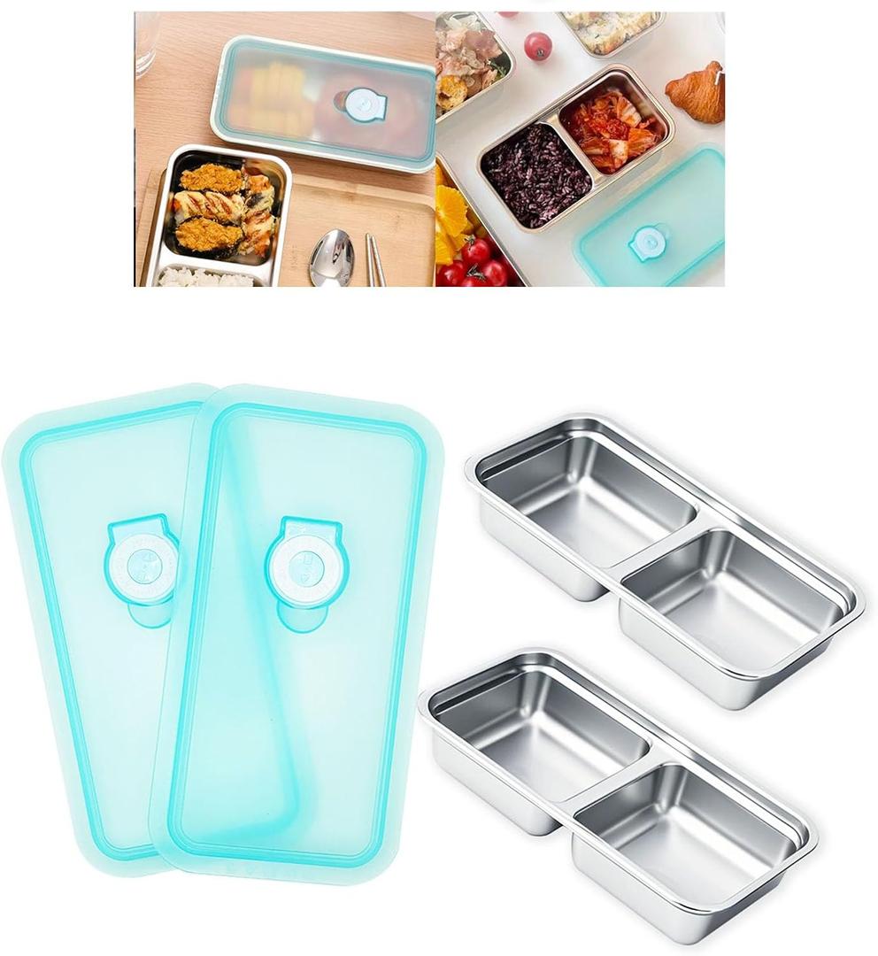 2pcs Grab and Go Snack Containers Stainless Steel, Reusable Snack Condiment Containers with Lids, Double Compartment Food Lunch Meal Container Prep for Travel, Small Packs Container