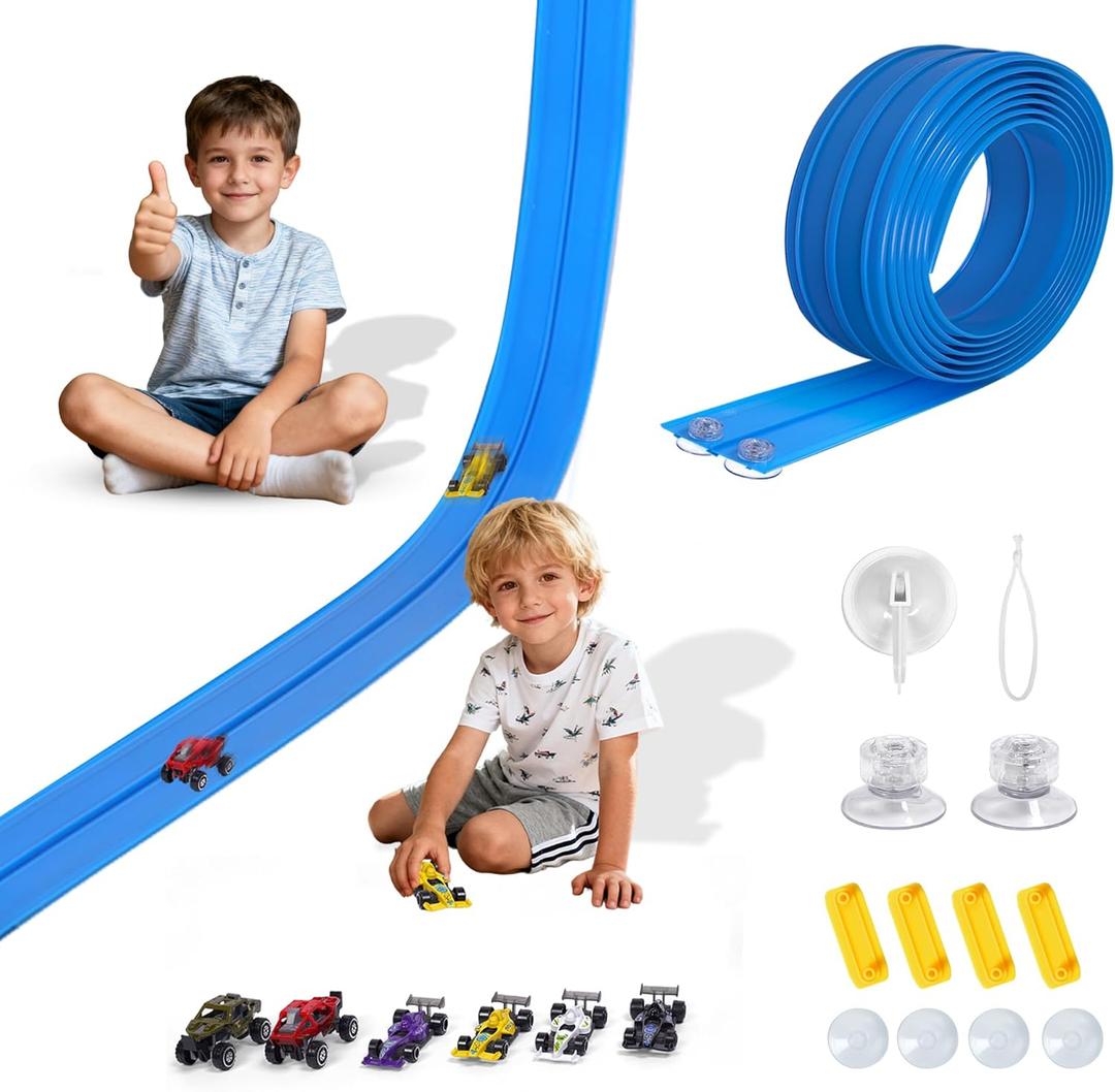 Portable DIY 16ft Flexible Race Track with Roll-Up Storage Compatible with 1/64 Diecast Cars Ages 3+Includes 6 Racing Cars (Blue)