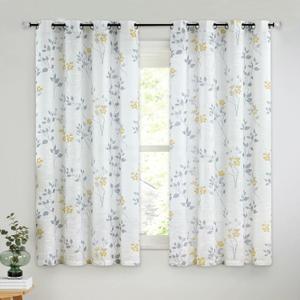Beauoop Floral Linen Semi Sheer Curtains 54 Inch Length 2 Panels for Living Room Bedroom Yellow Grey Farmhouse Flower Patterned Light Filtering Textured Grommet Top Window Treatments Drapes, 50x54