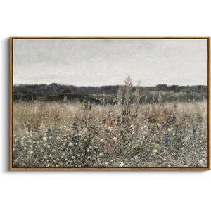 InSimSea Framed Canvas Wall Art Vintage Decor, Landscape Wall Art, Meadow with Flowers Art, Modern Farmhouse Decor, Cottagecore Bedroom Bathroom Office Decorations, 24"x36" (Champ Fleuri)