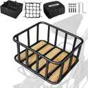 RAYMACE Bike Basket Rear, Bamboo Base Bicycle Basket with Rainproof Cover, Liner & Cargo Net, Large Capacity Rear Bike Rack Baskets Fits Most Bikes & E-Bike