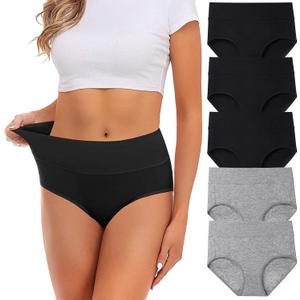 Womens Underwear,Cotton Mid Waist No Muffin Top Full Coverage Brief Ladies Panties Lingerie Undergarments for Women Multipack (Medium, Grey+black=total 5 Pack)