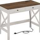 ChooChoo Computer Desk with USB Charging Ports and Power Outlets, Modern Simple 40 Inches Desk with Drawers, Makeup Vanity Console Table, Soft White