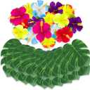 ArtCreativity Hawaiian Flower Luau Decorations - 60-PC Set with 36 Palm Leaves and 24 Artificial Hibiscus Flowers - Tropical Party Decor and Accessories for Birthday Party - Flower Decorations