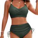 Blooming Jelly Womens High Waisted Bikini Sets Drawstring Tummy Control Swimsuits Crisscross Tie Back Bathing Suit (Small, Green 043)