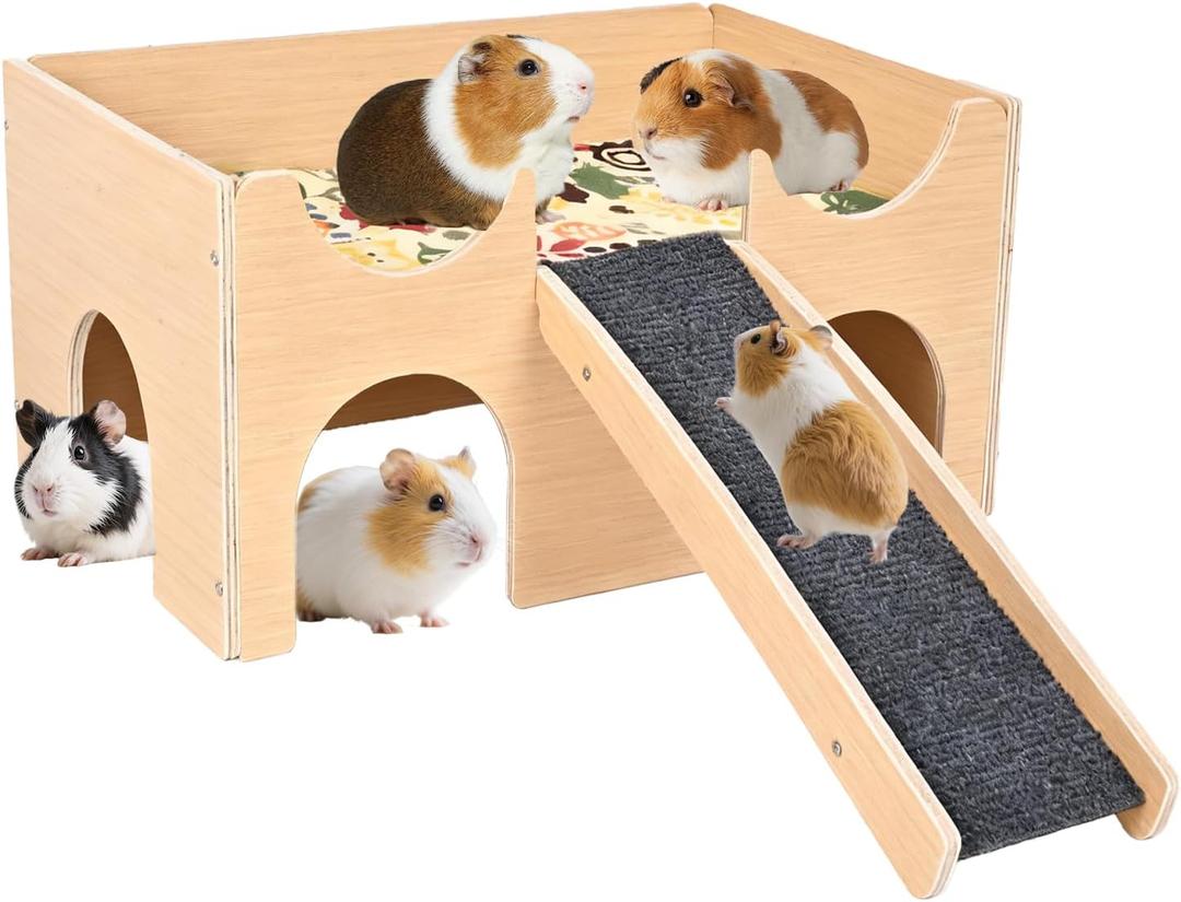 Wooden Guinea Pig Hideout, Multi-Cave Design Small Animal House, Guinea Pig Castle with Non-Slip Stairs and Double-Sided Mat