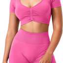 TAYOEA Crop Tops Workout for Women Yoga Short Sleeve Shirts Seamless V-Neck Gym T Shirts with Built in Pads (X-Small, Rose)