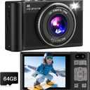Digital Camera, 4K 64MP Autofocus UHD Dual Cameras with 64GB Micro SD Card 2.8'' IPS Sceen, 18X Digital Zoom Selfie Compact Point and Shoot Camera for Teens Beginner Adult, Black