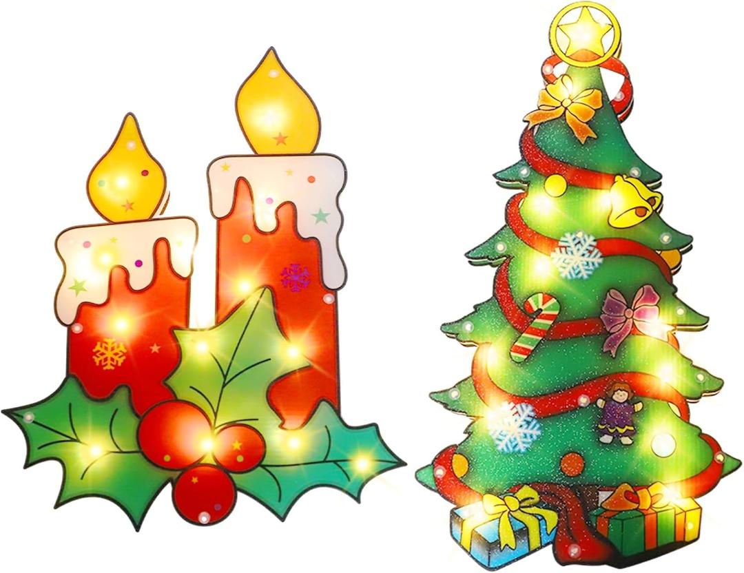 MorTime 2 Pack Lighted Christmas Window Decorations, Light up Xmas Window Lights for Winter Holiday with 12 LEDs