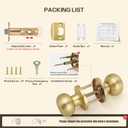 Brushed Gold Flat Ball Door Knob with Lock, Keyless Privacy Round Design Doorknob for Bathrooms/Bedrooms, Satin Brass Finish