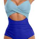 Eomenie Women's One Piece Swimsuits Tummy Control Cutout High Waisted Bathing Suit Wrap Tie Back 1 Piece Swimsuit (Blue Block)