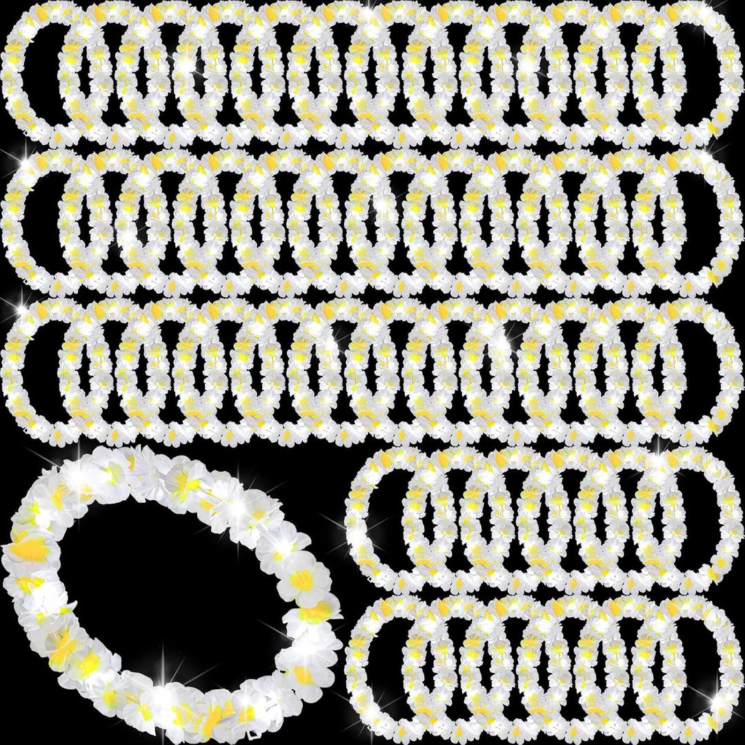 Sherr 48 Pcs LED Hawaiian Leis Light up Flower Leis Necklace with LED Lights Luau Flowers Necklaces for Masquerade Beach Wedding Tropical Themed Party Supplies(White with Yellow)