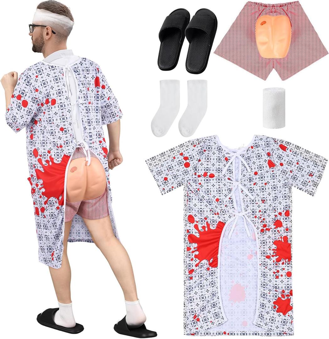 Maiteenly 5 Pcs Patient Gown Hospital Gown Halloween Costume Set for Adult Funny Shorts for Halloween Cosplay Party Men Women (XX-Large, White)