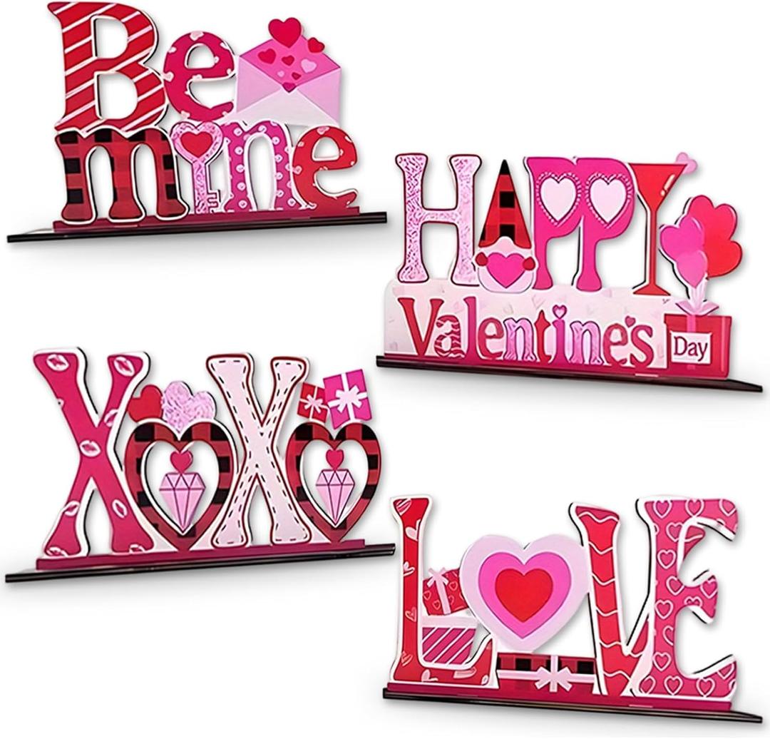 4pcs Galentines Day Decorations Valentines Centerpieces for Tables Wooden Base Pink Xoxo for Ladies Party Tiered Tray Table Decor Holiday Mantel Home Party Supplies