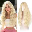 Haloo Blonde Wigs with Curtain Bangs for Women - Long Wavy Middle Part Natural Looking Synthetic Hair Wig for Daily Party Cosplay Costume, 26 Inch