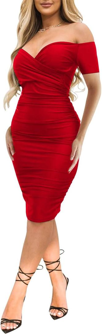 Women's Sexy Deep V Neck Off Shoulder Ruched Bodycon Long Sleeve Midi Dress Evening Party Cocktail Dress (Black)