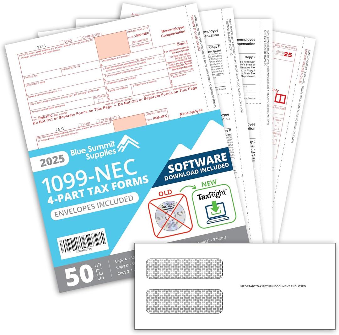 1099 NEC Tax Forms 2025 with Envelopes, 4 Part 15 Pack Tax Forms Kit and 15 SelfSeal Envelopes –Great for QuickBooks and Accounting Software, Value Pack for Business  Made in The USA  15Pack