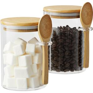 Glass Sugar Container with Spoon - 2 Pack 15oz Glass Jars with Bamboo Lid and Spoon, Bamboo Lid Storage Jar Containers for Coffee Beans, Spice, Brown Sugar, Tea, Flour, Nuts, Candy, Salts and More