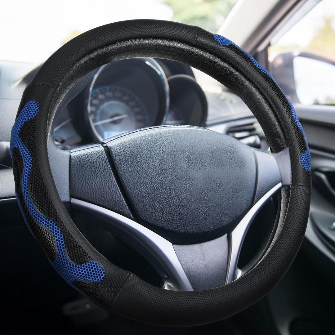 15 Inch Truck Steering Wheel Cover Leather Wheel Semi-Truck Comfy Grip Cover Anti Slip Car Accessory, Fits Rv, Big Rig and Classic Car (Blue, Classic Style)