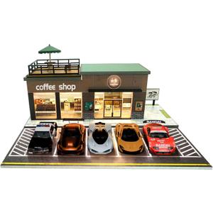 1/64 Model Car Display Case for Adults, Premium in-House-Design Scale Diecast Parking Garage for Toy Cars, Toys Car Garage, Scenic Diorama Display Car Park with ith LED Lamps and Parking Spaces (Coffee Shop)