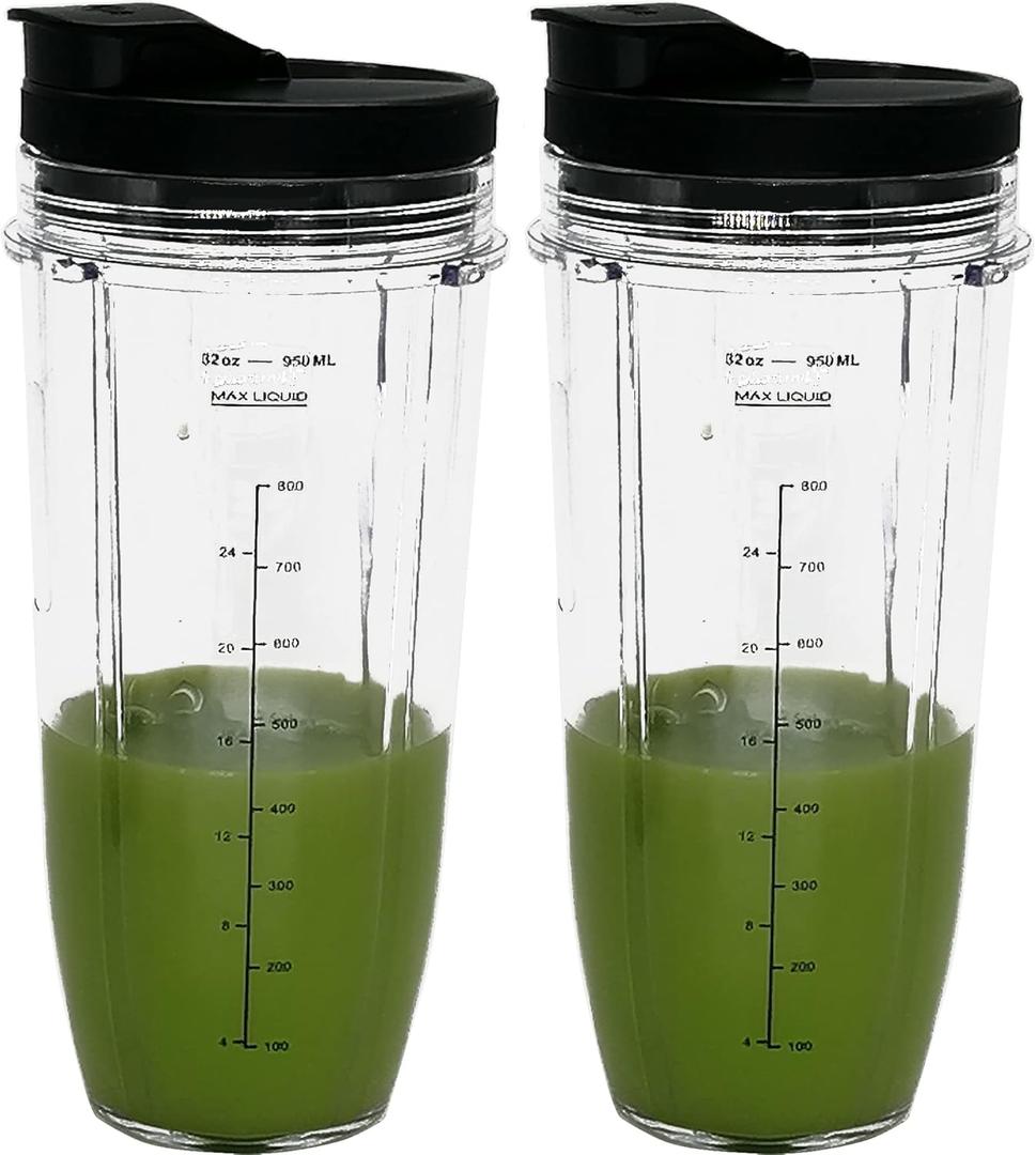 2 Packs Replacement 32OZ Cups With Spout Lids,950ML(32oz) Measuring Scale Cup Mug, FIT FOR ALL Nutri Ninja Pro and Nutri Ninja Auto IQ Series Blenders (2, 27)