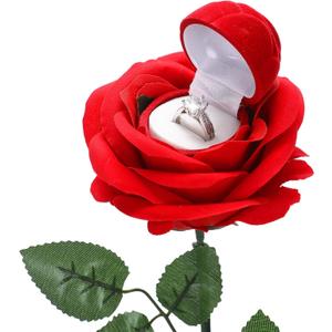 Noble Red Rose Ring Box Jewelry Box Case Engagement Ring Box with Stem for Wedding Proposal(Classic Style)