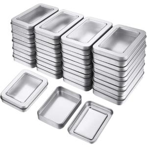 TecUnite 48 Pieces Tin Box Metal Tins with Lids Clear Top Empty Mini Portable Small Storage Tins Case for Home Candles, Candies, Gifts, Balms and Treasures, 3.4x2.4x0.8 Inch, Silver