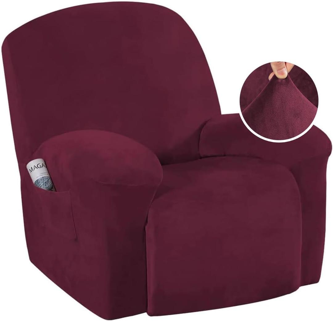 H.VERSAILTEX Velvet Soft Oversized Recliner Chair Covers Stretch Slipcover for Recliner Chair 1 Piece Modern Rich Velvet Form Fit Stylish Protector(Burgundy, Large)