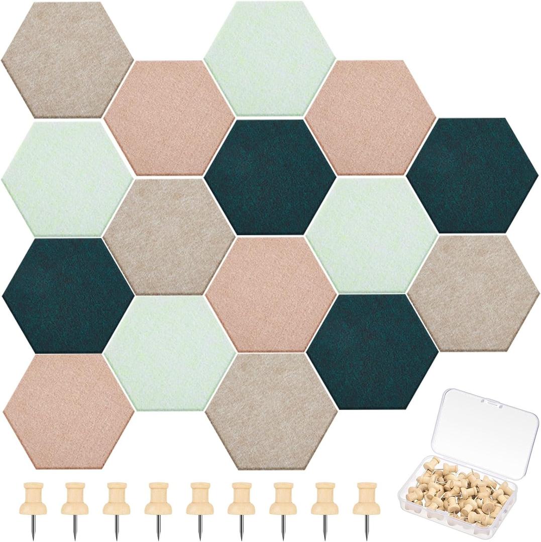 16 Pcs Hexagon Cork Board for Walls with 50 Wooden Push Pins 6.7 x 5.9 in Felt DIY Tiles Notice with Nano Tape Hanging Bulletin Board for Home Photo Office Memo Note (Green)