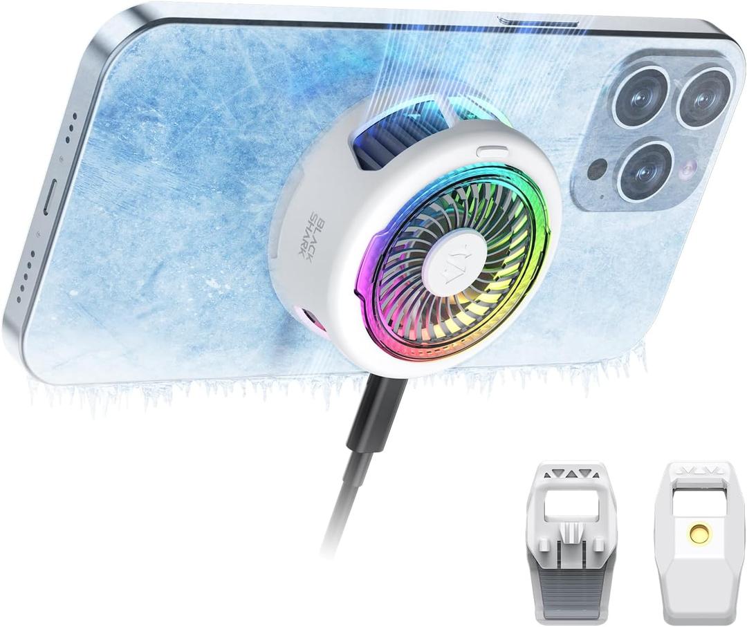 Black Shark FunCooler 5 Magnetic Cell Phone Cooler for Gaming, Portable Mobile Phone Cooling Fan with RGB Light, Cellphone Radiator for iPhone Magnetic Series/Android/Tablet/iPad (White)