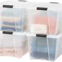 IRIS USA 54 Qt Stackable Plastic Storage Bins with Lids, 4 Pack - BPA-Free, Made in USA - See-Through Organizing Solution, Latches, Durable Nestable Containers, Secure Pull Handle - Clear (54 Qt. - 4 Pack)