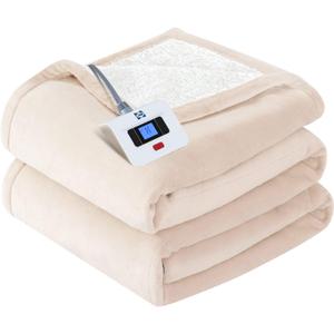 Sealy Electric Blanket Twin Size, Flannel & Sherpa Heated Blanket with 10 Heating Levels & 1-12 Hours Auto Off, Machine Washable, Beige, 62x 84 Inch (Twin Size 62" x 84")