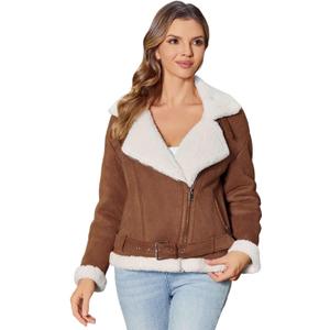 Women's Faux Shearing Moto Jacket Thick Fur Lined Coat Sherpa Leather Jacket (Brown, L)