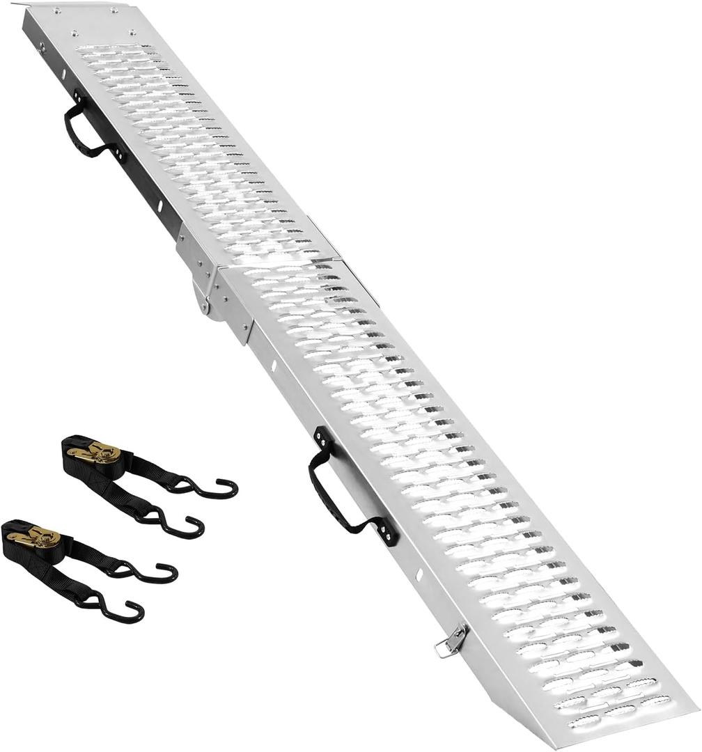 Folding Motorcycle Loading Ramp for Pickup Truck & Trailer, 485 lb Steel Ramp with 2 Dual-Hook Ratchet Straps, Carry Handle and Locking Latch, Dirt Bike Ramp, 72.7" x 8.9", 1 Pack