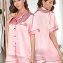 Womens Silk Satin Pajamas Set 2 Piece Satin Pjs Shorts Set Soft Button Down silk Loungewear Sets (Pink, S)
