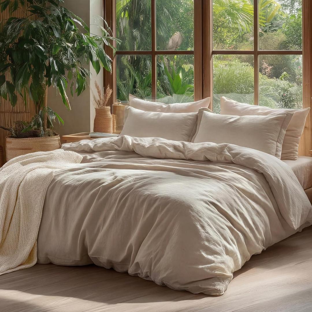 Bedsure 100% Washed Cotton Duvet Cover King Size - Frosted Almond Minimalist Cotton Duvet Cover Linen Like for All Seasons - GentleSoft Plain Simple Bedding (Frosted Almond, King, 104"x90")
