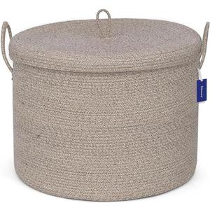 21" x 18" Extra Large storage baskets,Decorative blanket basket with lid for Living room,rope baskets with lid,wicker hamper for bedroom,Big,Round,Brow