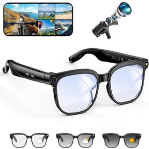 Hwagol Smart Glasses with Camera, 8MP HD Photo and Video Recording,AI Glasses with Real-Time Translation/Object Recognition/AI Voice Q&A/Recording, Calls and Music,UV & Blue Light Protection