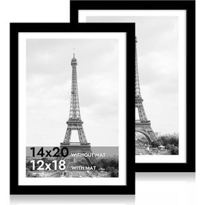 iRahmen 14x20 Picture Frame Set of 2 with Plexiglass, Black Poster Frame Display 12x18 Picture with Mat or 14 x 20 Without Mat, Wood Photo Frame for Horizontal or Vertical Wall Mounting