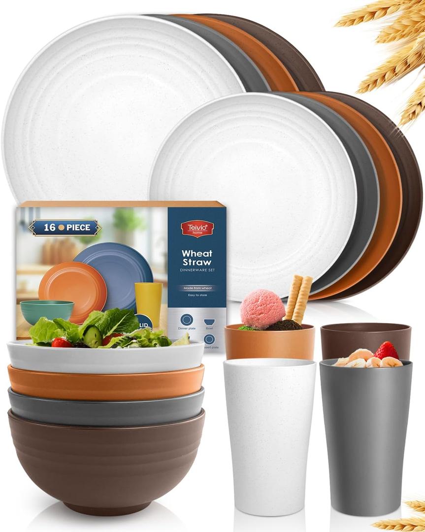 Teivio 16-Piece Kitchen Plastic Wheat Straw Dinnerware Set, Service for 4, Dinner Plates, Dessert Plate, Cereal Bowls, Cups, Unbreakable Plastic Outdoor Camping Dishes, Farmhouse
