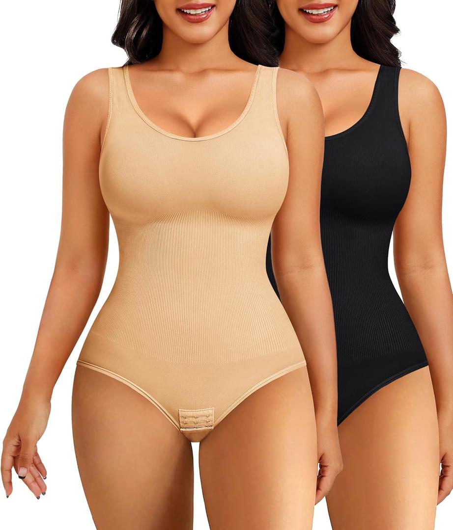 Nebility 2 Piece Shapewear Bodysuit for Women Tummy Control Slim Fit Sleeveless Round Neck Body Suit (X-Large-XX-Large, Black/Beige 2pk)
