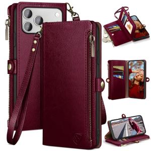 XcaseBar compatible with iPhone 17 Pro 6.3" Wallet case with Zipper Credit Card Holder【RFID Blocking】,Flip Folio Book PU Leather Phone case Shockproof Cover Women Men for Apple 17 Pro case Wine Red