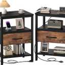 OLIXIS Nightstand with Charging Station, Beside Table with Fabric Drawers, 15.7"Dx11.8"Wx23.4"H