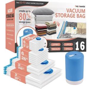 Cozy Essential Travel Vacuum Storage Bags with Rechargeable Cordless USB Pump for Luggage, Suitcase, Carry-on Size Vacuum Seal Compression Space Saver Bags for Clothes and Clothing, 16 Combo