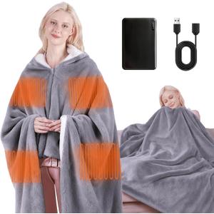 Cordless Heated Blanket with Detachable Hood,Wearable Heated Blanket with 3 Heating Levels,Portable Heating Blanket 52 * 64" Heated Throw Blanket with Power Bank&Charging Cable for Women Man (Grey)