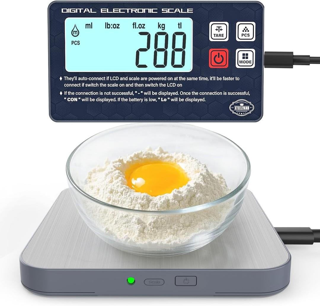 Rechargeable Digital Kitchen Food Scale - Detachable Display Electronic Weight Scale for Bread Making & Coffee Brewing, 304 Stainless Steel Platform, Backlit LCD, Count Mode, Wall-Mount & Tilt Stand