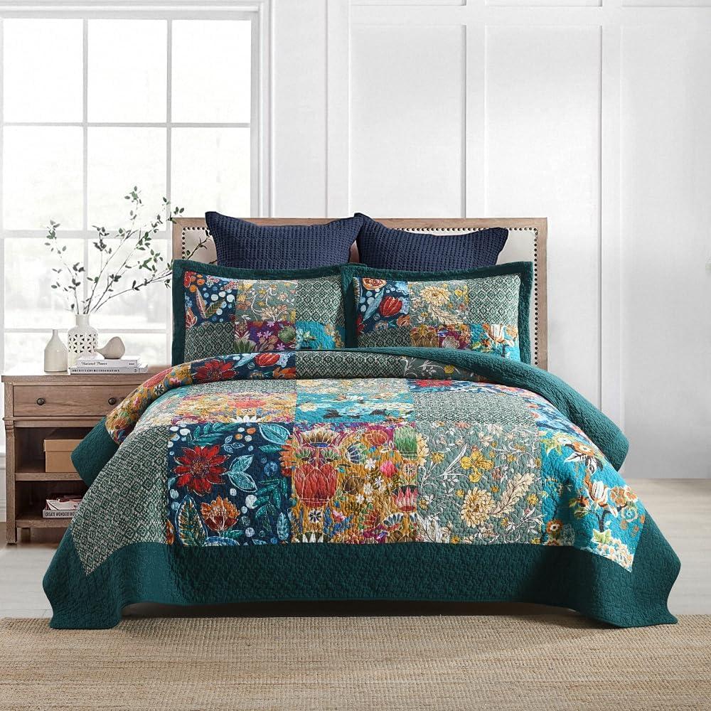 ENASAL Cotton Bedspread Quilt Sets Reversible Bedding Coverlet Sets Comforters, Patchwork Vintage Floral Turquoise Bedspread, King Size